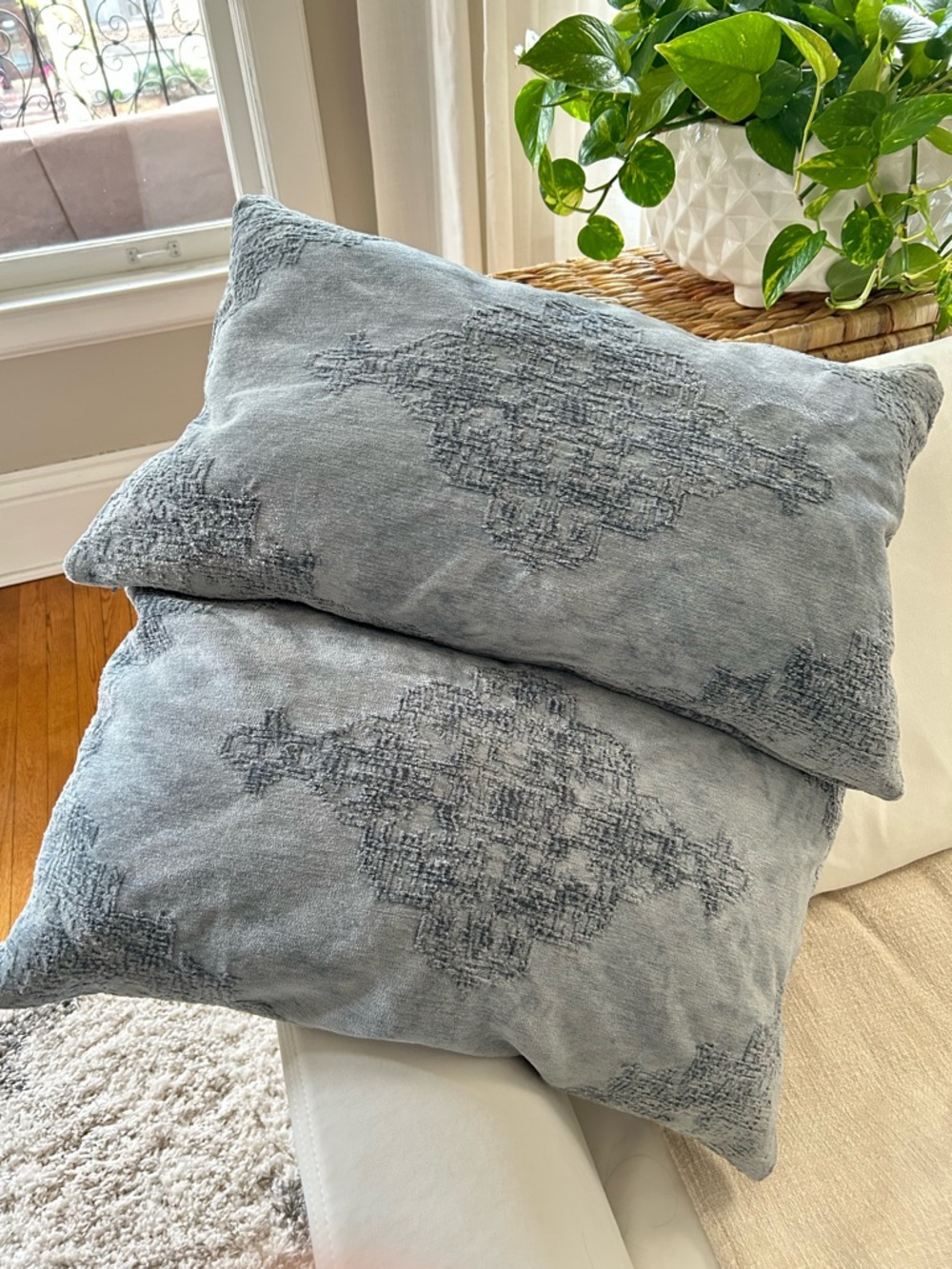 Pottery Barn Blue Gray Textured Decorative Pillow Pair